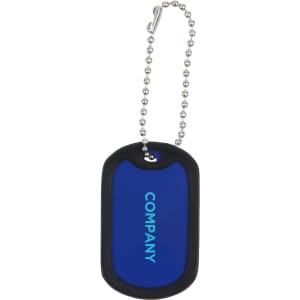 A blue dog tag with a rubber silencer and a metal ball chain for attachment. Features a logo.