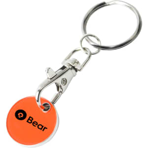 An orange printed trolley coin keyring with a silver clip and keyring attachment.