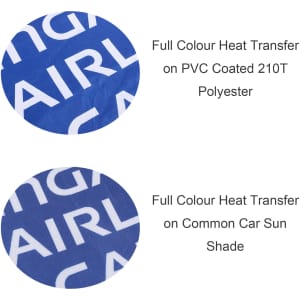 A blue light-blocking car sun shade made from PVC coated 210T polyester, with a logo on the surface.