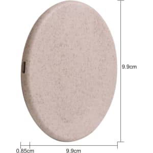 A round, beige wireless charger made from wheat straw, featuring a logo and dimensions displayed.