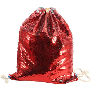 A shiny red sequin drawstring bag with a cinched top and decorative ties, featuring a logo.