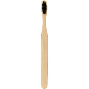 A large flat handle toothbrush with a natural bamboo handle and black bristles. Features a simplistic design.