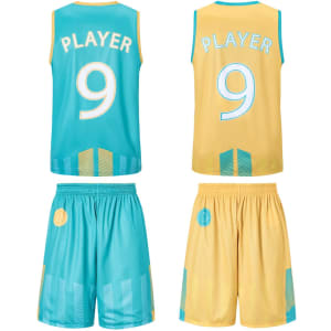 A reversible basketball uniform featuring a turquoise and yellow design, with shorts and a sleeveless jersey displaying a number 9.