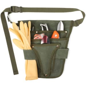 A green garden tool waist pouch with gloves, pruners, and various gardening tools. Features a strap and multiple pockets.