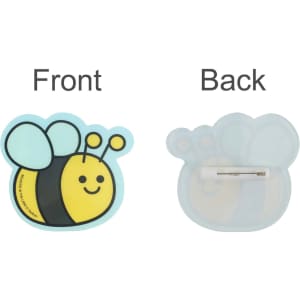 A custom acrylic name badge featuring a yellow and black bee design with a pin backing.