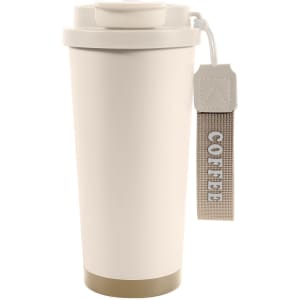 A double wall stainless steel coffee mug in white with a beige base and a tag labelled "coffee." It has a lid and a logo.