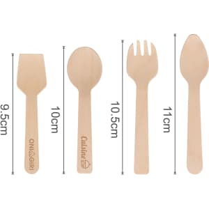 A pack of 100 disposable birch spoons and forks in natural wood colour, featuring different utensil shapes and sizes.