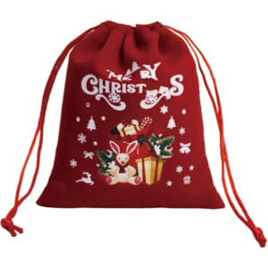 A red drawstring gift bag featuring festive illustrations, including a rabbit and Christmas presents.