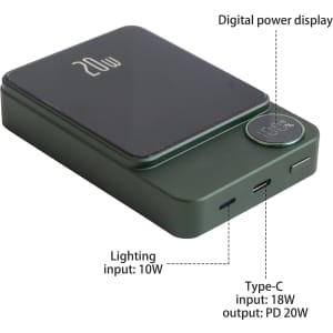 A green 10000mAh magnetic wireless power bank with a digital power display and multiple input/output ports.
