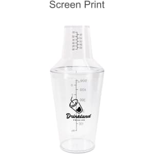 A drink bottle in clear plastic with a measuring cap and logo, featuring measurement markings on the side.