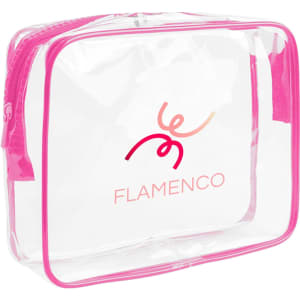 A clear toiletry bag with pink zip and trim, featuring a logo on the front.
