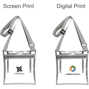Two grey PVC clear crossbody bags with inner pouches, featuring different printing styles and a logo on each.