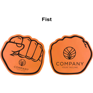 An orange foam mitt shaped like a fist with a logo on one side.