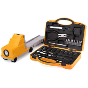 A truck-shaped tool kit in yellow, featuring a variety of tools and accessories in a matching case with a handle.