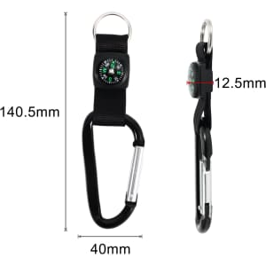 A black carabiner keychain with a compass, featuring a fabric holder and metal ring. Dimensions are noted in millimetres.