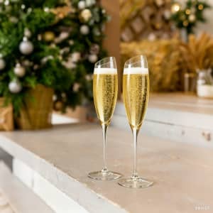 Two slanted champagne glasses filled with sparkling golden champagne, set against a festive holiday backdrop.