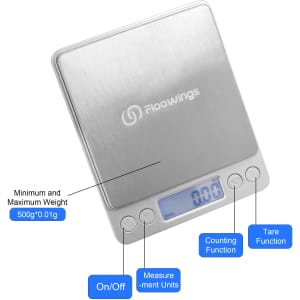 A silver rechargeable kitchen scale with a digital display, featuring buttons for various functions and a logo.