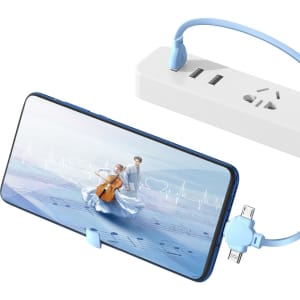 A retractable portable charging cable in blue, connecting to a phone and a power outlet with USB ports.