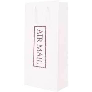 A wine bottle paper bag in white with a logo, featuring a rectangular design and handles for easy carrying.