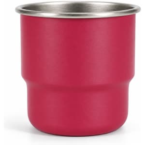 A drink bottle featuring a round bottom design, made of stainless steel with a bright pink finish and a metal rim.