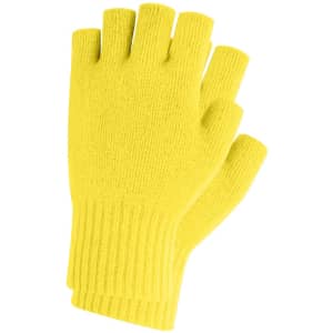 Bright yellow knitted fingerless gloves with a ribbed cuff and a woven label. Suitable for children's accessories.