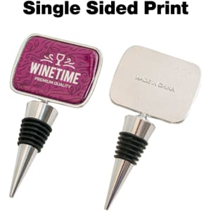 A wine stopper with a purple top featuring a logo, metal stem, and rubber base, designed for sealing bottles.