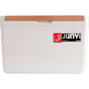 A white cooler box with a wooden lid and a logo on the front.