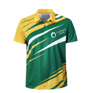 A vibrant green and yellow sports polo shirt with a bold design and a logo.