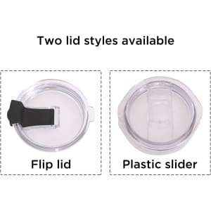 Two different styles of lids for a 10oz stainless steel tumbler, featuring a flip lid and a plastic slider lid.
