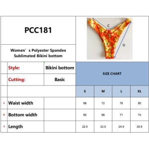 A bikini bottom featuring a vibrant floral design in orange and yellow, made from polyester spandex, with a logo.