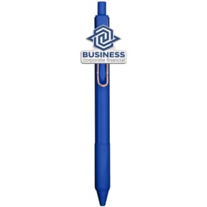 A blue custom pen with a clip and an attached logo. The pen has a smooth body and a click mechanism.