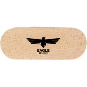 A wooden flash drive in a light colour with a logo design featuring a bird and text beneath it.
