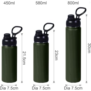 A drink bottle set in olive green, featuring three sizes: 450ml, 580ml, and 800ml, each with a carry handle.