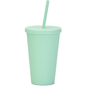 A mint green plastic cup with a lid and straw, suitable for beverages. Features a logo on the cup.