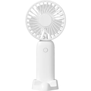 A handheld fan in white, featuring a phone stand at the base and a simple, sleek design.