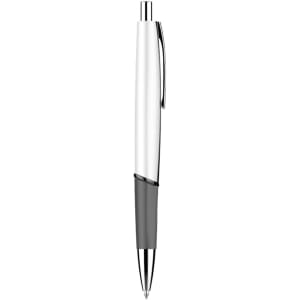 A silver and grey plastic pen with a chrome clip and a sleek design. It features a branding logo.