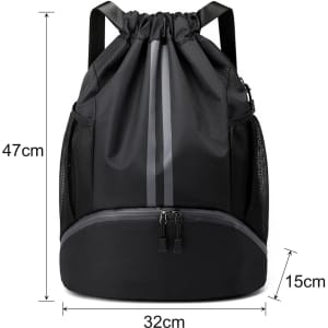 A black drawstring backpack with mesh side pockets, featuring a zippered bottom compartment and grey stripes.