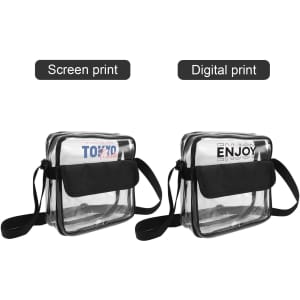 A clear shoulder crossbody bag with a black strap, featuring two styles of printed designs.