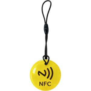 A round yellow NFC tag with a black strap and logo. The tag features a glossy surface.