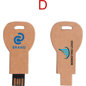 An eco-friendly flash drive shaped like a key, featuring a natural finish with branding on both sides.