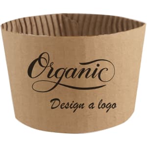 A brown paper cup sleeve with a ribbed texture and printed text, featuring a branding logo.
