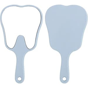 A tooth-shaped face mirror in light blue with a handle, featuring a reflective surface on one side.