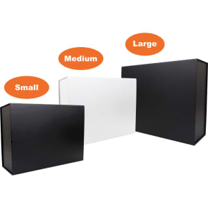 Three foldable magnetic boxes in black and white, sized small, medium, and large. Each box has a logo.