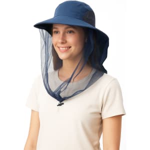 A navy blue hat with a mesh face shield, designed for protection against mosquitoes.