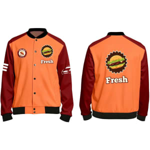 An orange and burgundy unisex varsity jacket featuring a logo and graphic on the front and back.