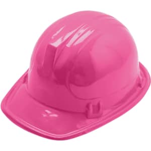 A pink PVC construction hat with a shiny finish and grooves on the top.