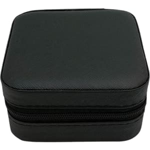 A square black PU leather jewellery box with a zipped closure. The surface features a textured pattern and a logo.