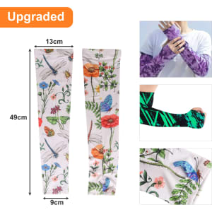 A pair of multi-coloured ice silk arm sleeves with floral and nature-inspired designs, featuring a logo.