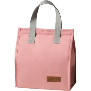 A pink minimalist lunch bag with grey handles and a small logo on the front.