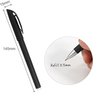 A black pen with a clip, featuring a 0.5mm refill tip, alongside a close-up of the writing end.